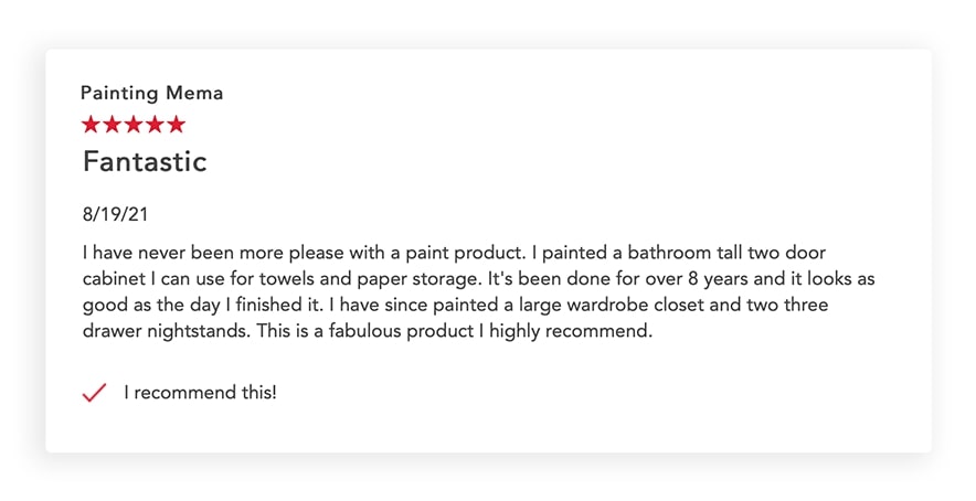 Customer review of Benjamin Moore ADVANCE paint for a bathroom cabinet