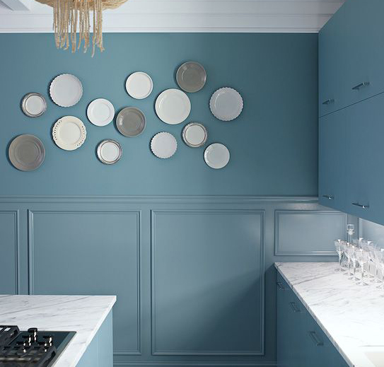 Kitchen cabinets and paneling in Benjamin Moore ADVANCE High Gloss sheen; wall in AURA Bath & Spa Matte sheen; Province Blue