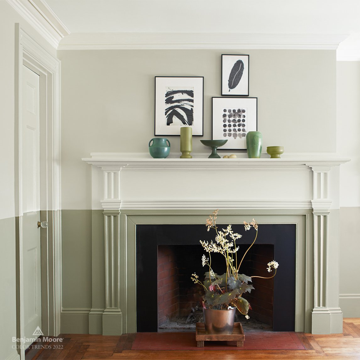 Living room painted in Benjamin Moore October Mist and Benjamin Moore Morning Dew