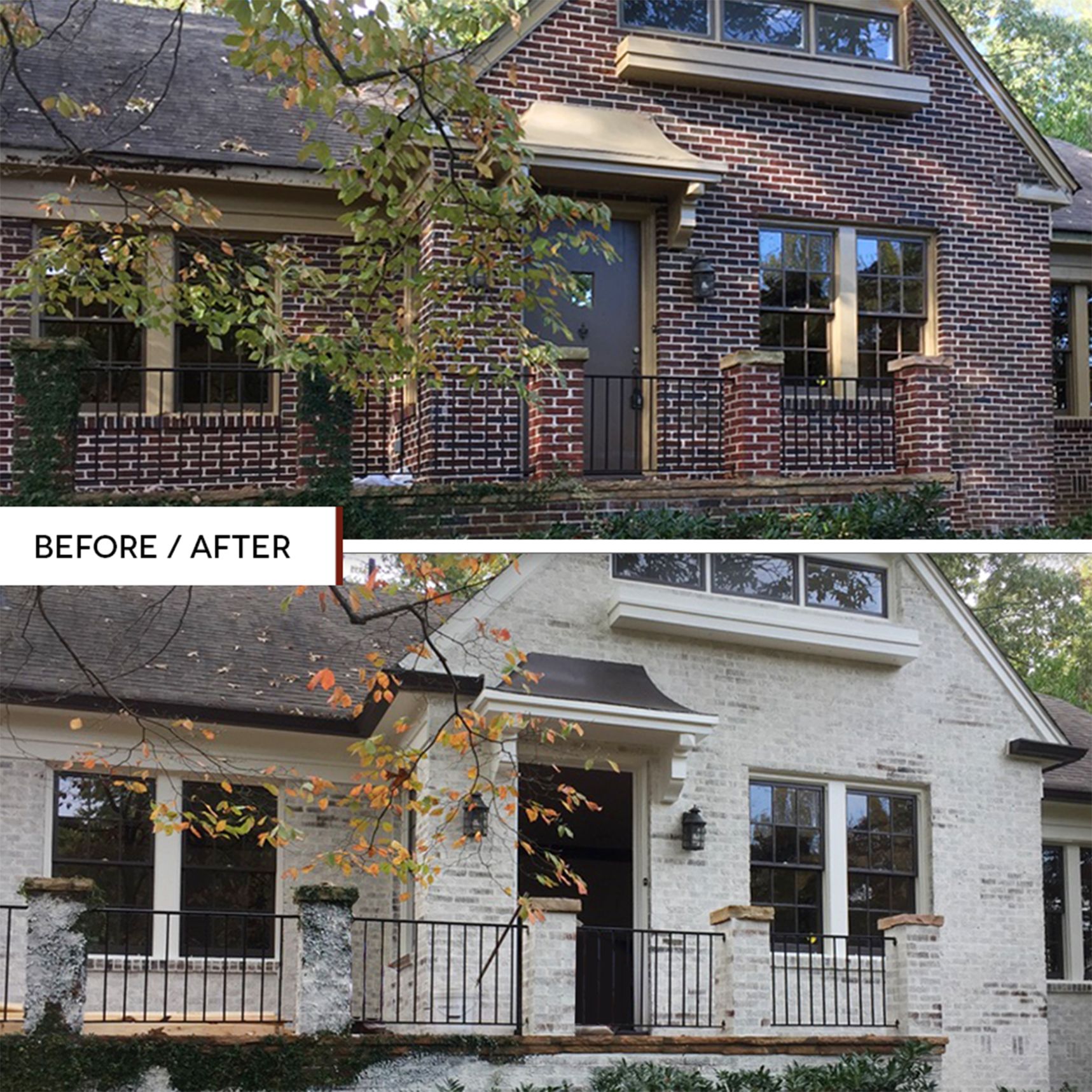 Limewashed finish on a brick Tudor home, before and after