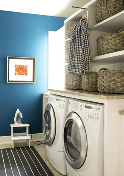 Benjamin Moore Blue Danube laundry room, with Cloud White ceiling