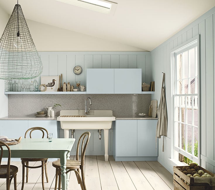 Breath of Fresh Air by Benjamin Moore on cabinets, Iceberg on walls, Benjamin Moore