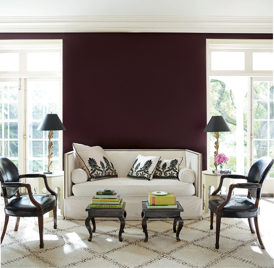 Living Room in Benjamin Moore Caponata AF-650 with Chantilly Lace trim and doors
