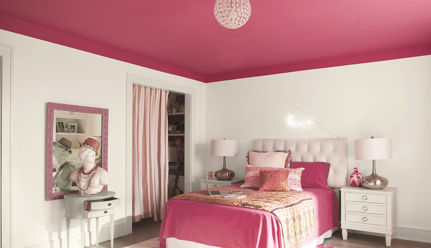 Benjamin Moore White Dove on walls, Pink Peony on ceiling