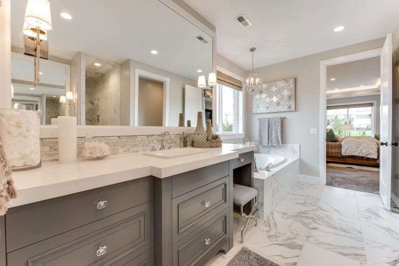 Primary bathroom painted Benjamin Moore Collingwood; Elevation Homes