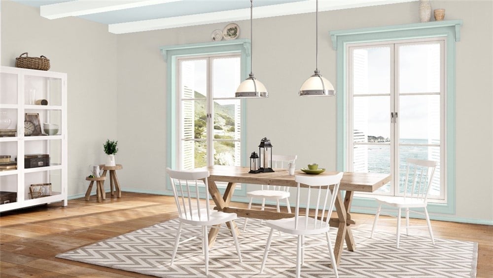 Coastal dining room with Collingwood walls, Palladian Blue trim, Iceberg ceiling