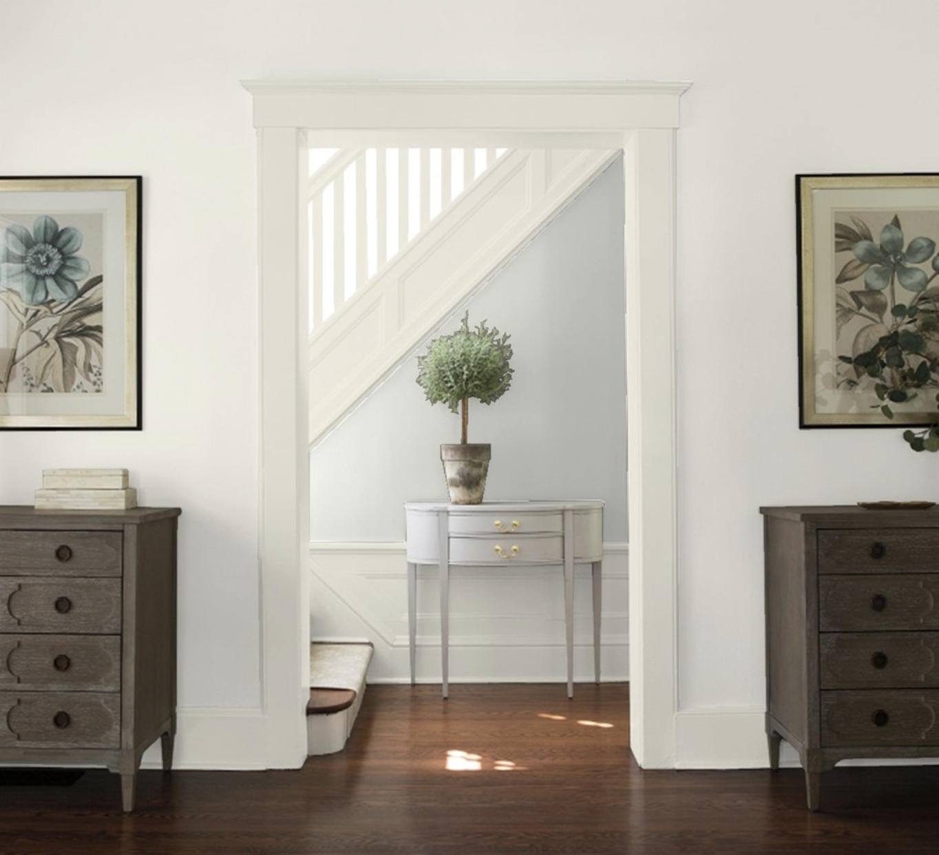Main room with Benjamin Moore Revere Pewter walls. Far stair wall in Chelsea Gray.