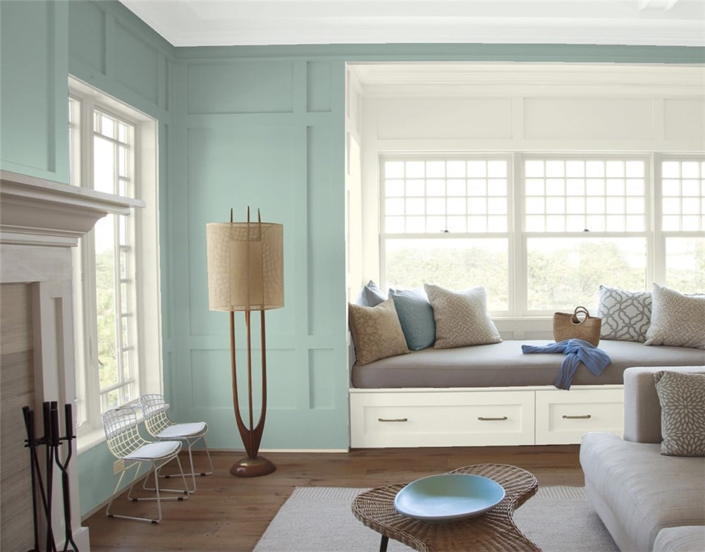 Benjamin Moore Coventry Gray with Simply White trim and Wrought Iron on
      the window seat