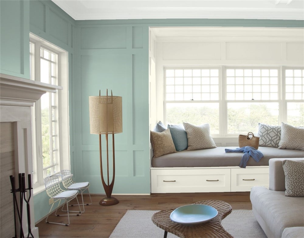Benjamin Moore Coventry Gray with Simply White trim and Wrought Iron on the window seat