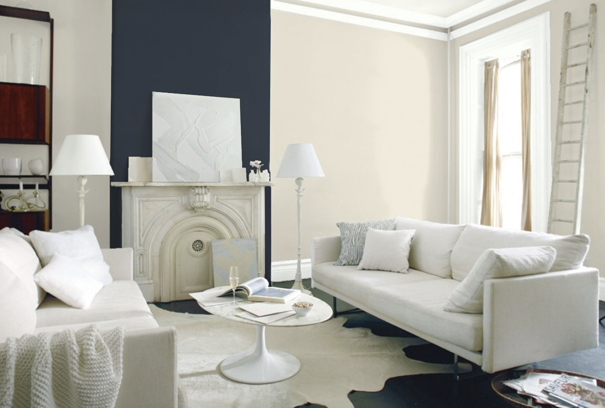 Benjamin Moore Ballet White modern living room with Hale Navy accent