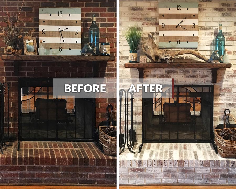 Limewashed farmhouse fireplace before and after, Romabio