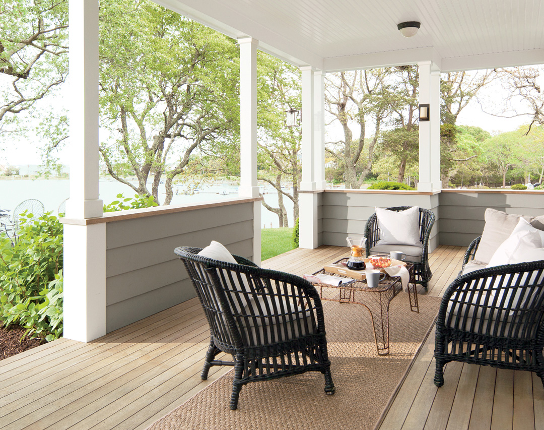 Porch deck and railings painted in Benjamin Silver Gray ES-70, with ARBORCOAT Exterior Stain, Translucent