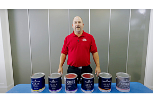 Paint professional stands in front of a wall displaying a range of paint sheens