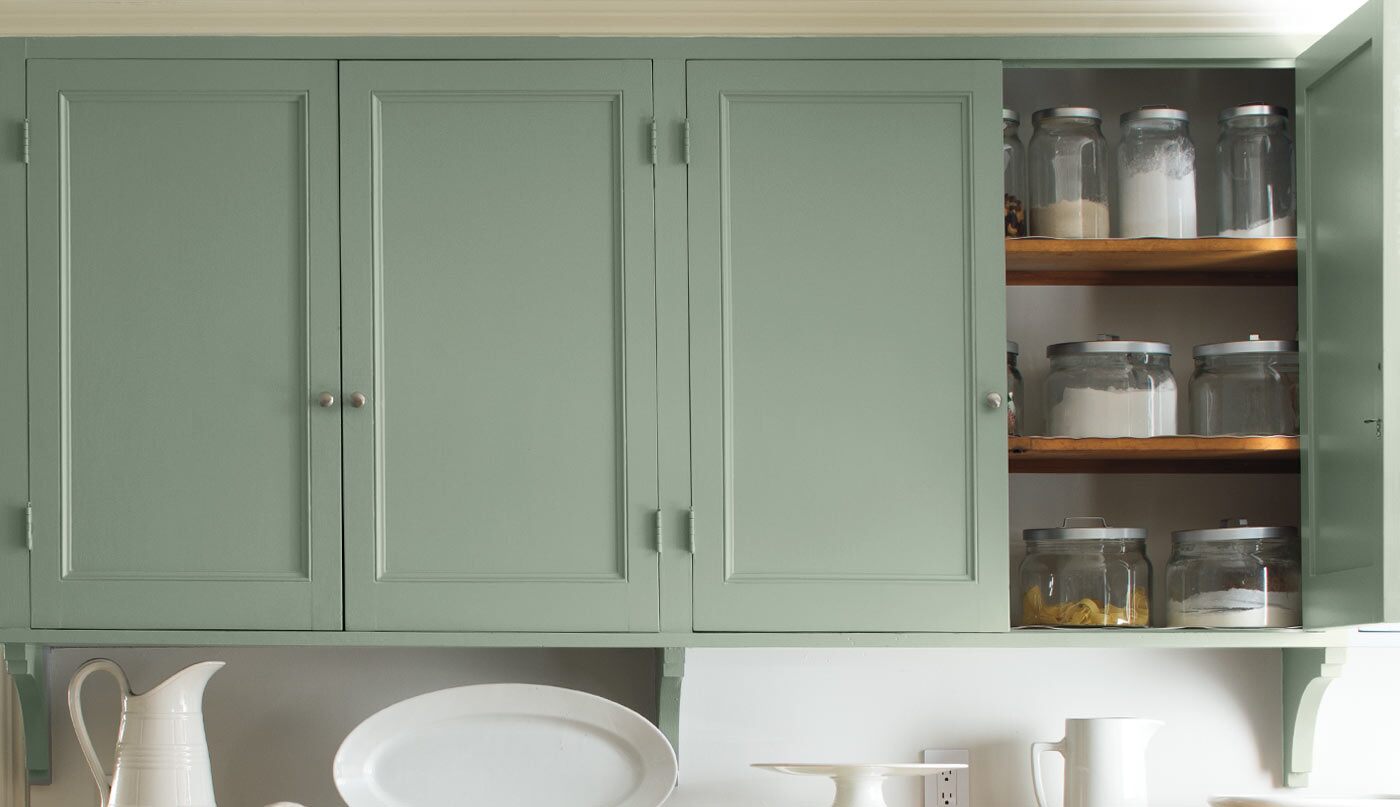 Kitchen cabinets in Benjamin Moore ADVANCE Interior Paint in Antique Jade, Semi-Gloss finish