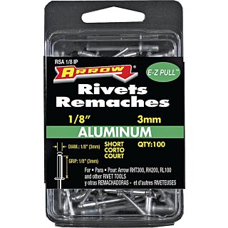 Arrow ⅛ in. IP Pop Rivet, Short, ⅛ in. Long, Aluminum 100 Count