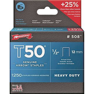 Arrow T50 Series 50824 Flat Crown Staple, 1/2 in L Leg