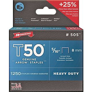 Arrow T50 Series 50524 Flat Crown Staple, 5/16 in L Leg, Pack