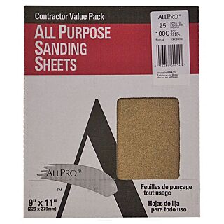 AllPro 9x11 Sandpaper, 100 Grit, 25-Pack