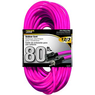 Powerzone Extra Heavy Duty Neon Pink Extension Cord, 12/3, 80 ft.