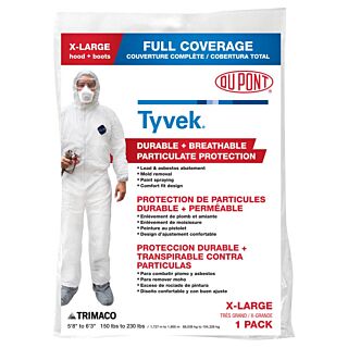 Trimaco Protective Coverall with Hood and Boot, Zipper Closure, Tyvek, White, X-Large
