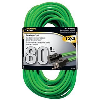 Powerzone Extra Heavy Duty Neon Green Extension Cord, 12/3, 80 ft.