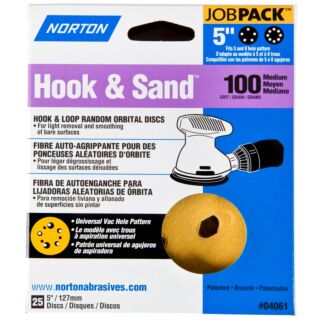 Norton Hook & Sand 5 in. Hook & Loop Random Orbital Discs, 100 Grit, 25 Pack