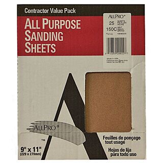 AllPro 9x11 Sandpaper, 150 Grit, 25-Pack