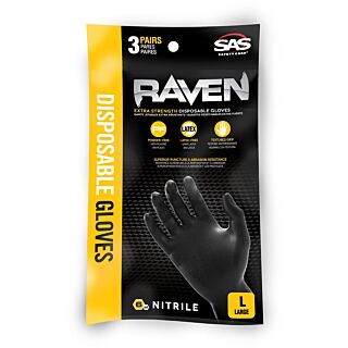 SAS Raven® Powder Free Nitrile Gloves, Black, Large, 3 Pack