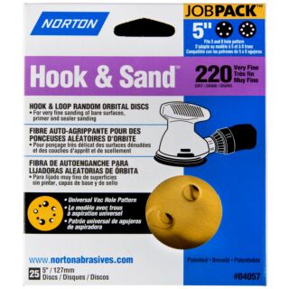 Norton Hook & Sand 5 in. Hook & Loop Random Orbital Discs, 220 Grit, 25 Pack