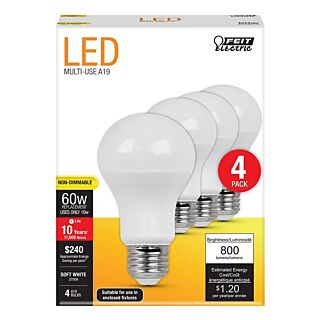 Feit Electric A800/827/10KLED/4 LED Lamp, 120 V, 10 W, Medium E26, A19 Lamp, Soft White Light