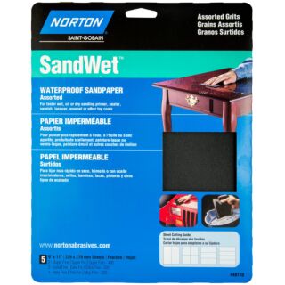 Norton SandWet Waterproof Sandpaper Sheets 1-220, 2-320, 2-400 Grit, 5 Pack