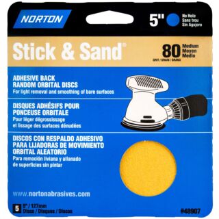 Norton 5 in. Stick & Stand Adhesive Back Random Orbital Discs 80 Grit, 5 Pack