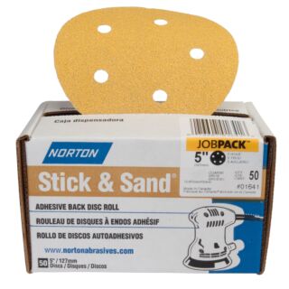 Norton 5 in. Stick & Sand 5 Hole Sanding Discs 180 Grit, 50 Pack
