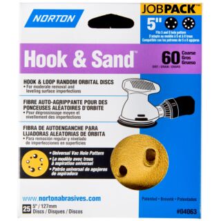 Norton Hook & Sand 5 in. Hook & Loop Random Orbital Discs, 60 Grit, 25 Pack