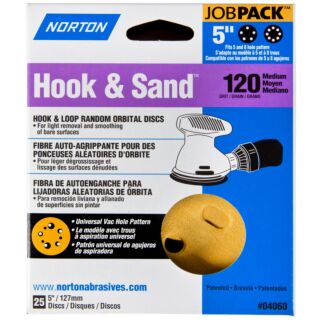 Norton Hook & Sand 5 in. Hook & Loop Random Orbital Discs, 120 Grit, 25 Pack