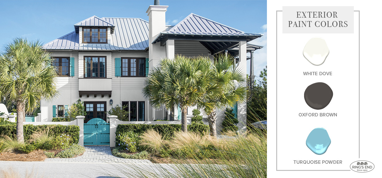 Modern coastal home with Benjamin Moore White Dove siding, door in
    Oxford Brown, Turquoise Powder accent;