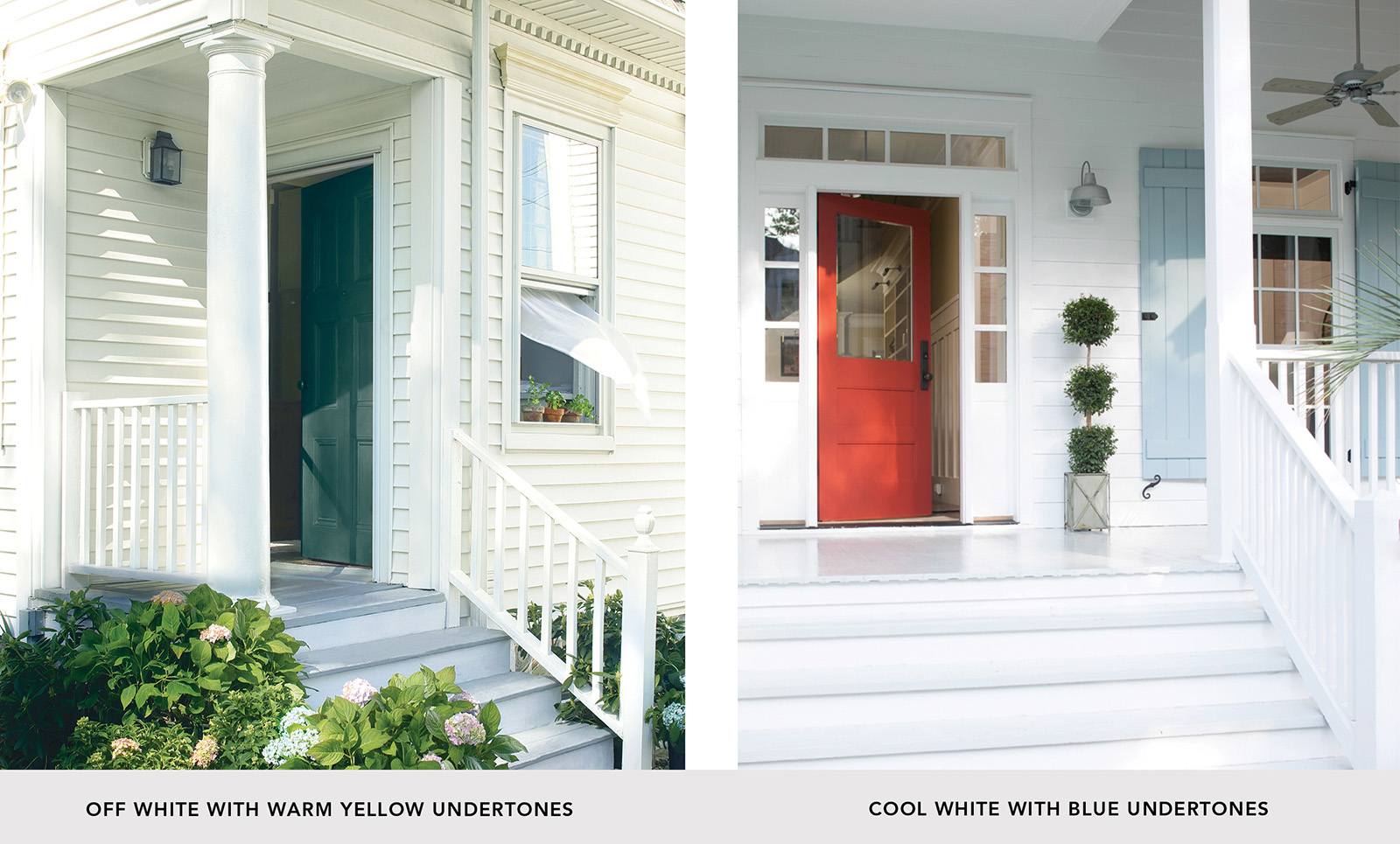 Comparison of home exterior with warm white paint vs. cool white paint 