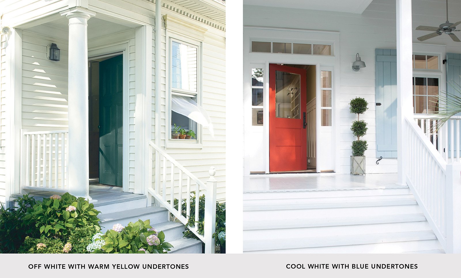 Comparison of home exterior with warm white paint vs. cool white paint
