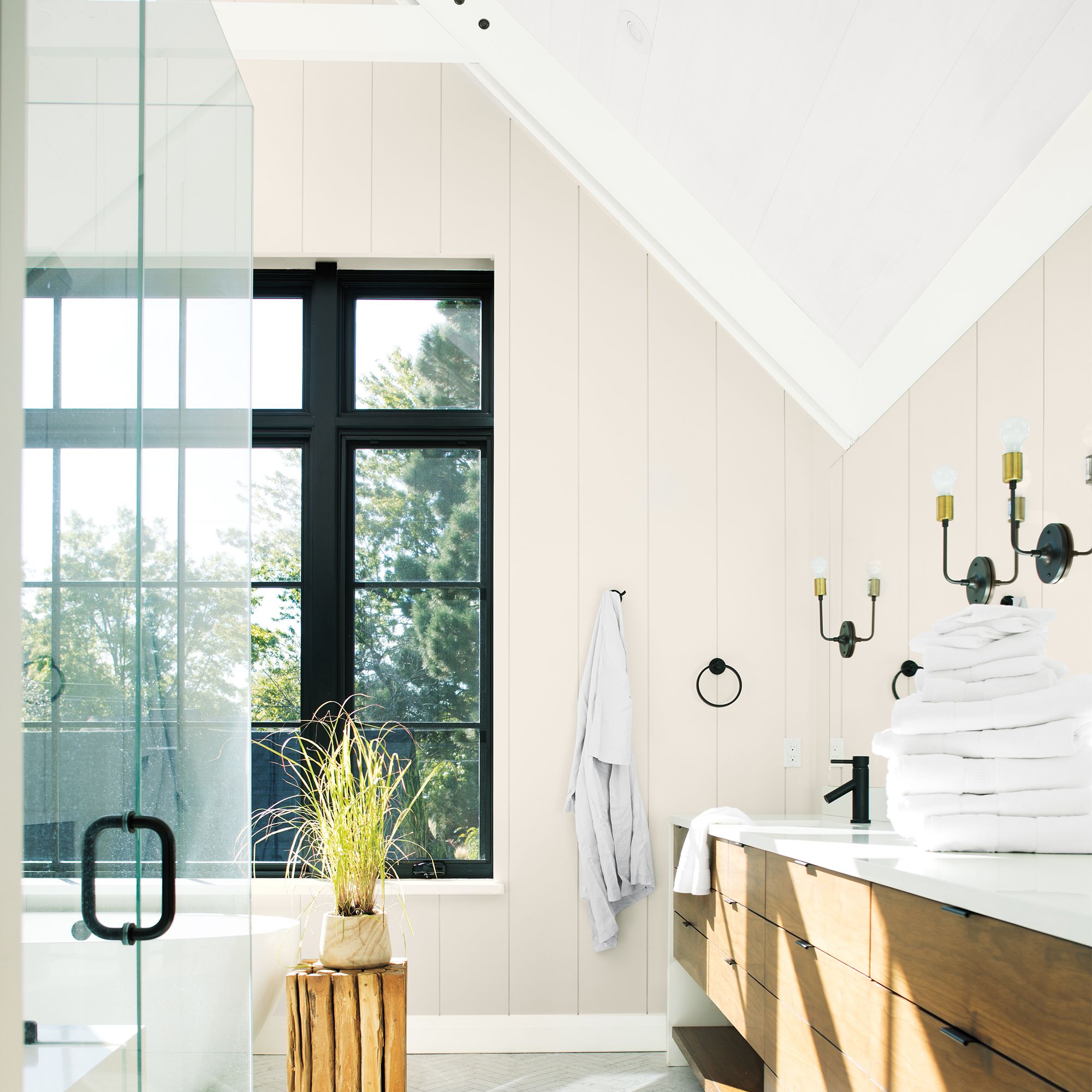 Bathroom with Glass Doors and Vaulted Ceiling