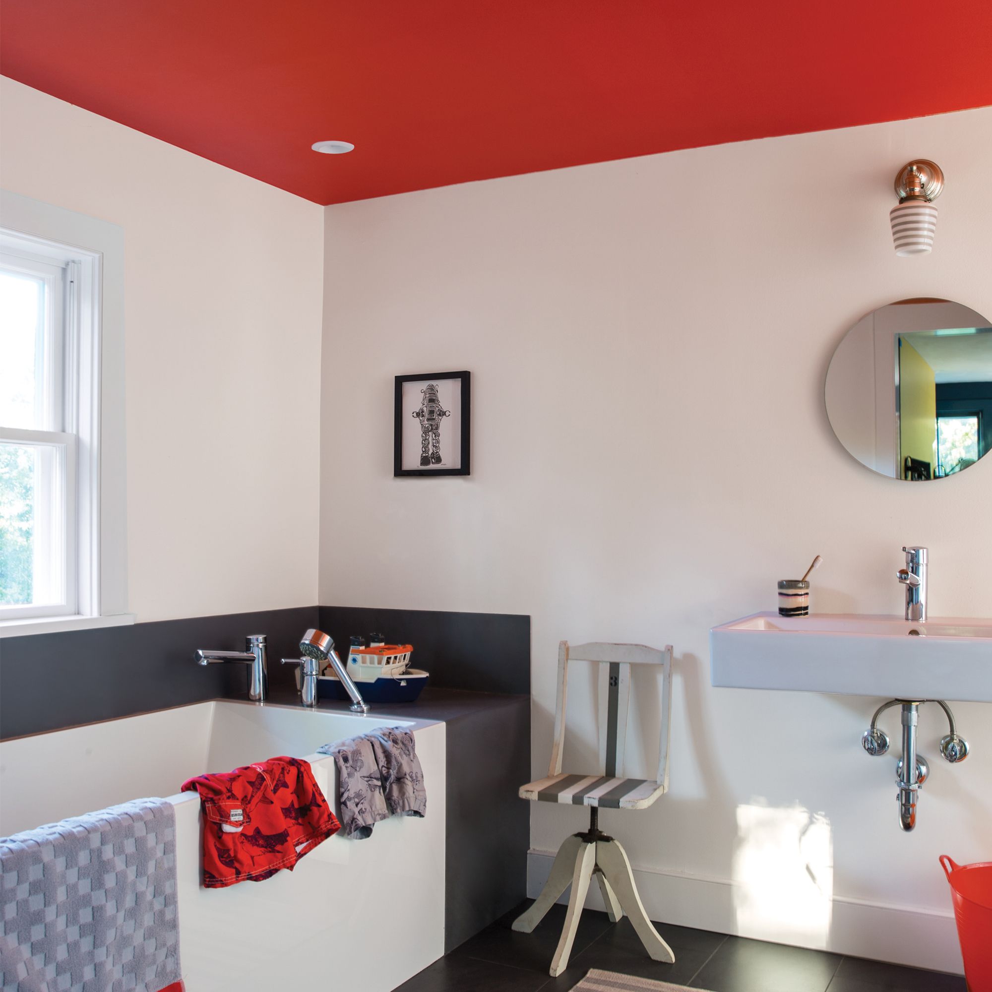 Bathroom with red/orange ceiling