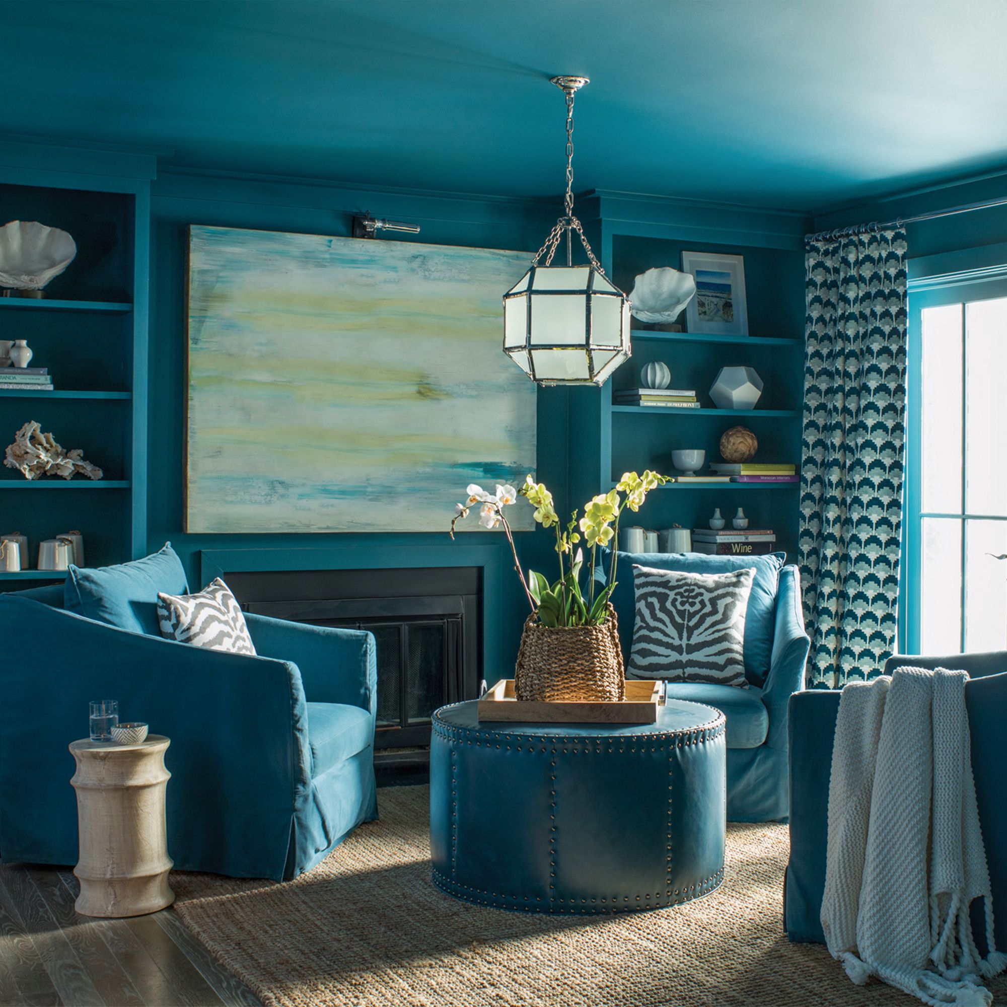 Blue Living Room with Fireplace
