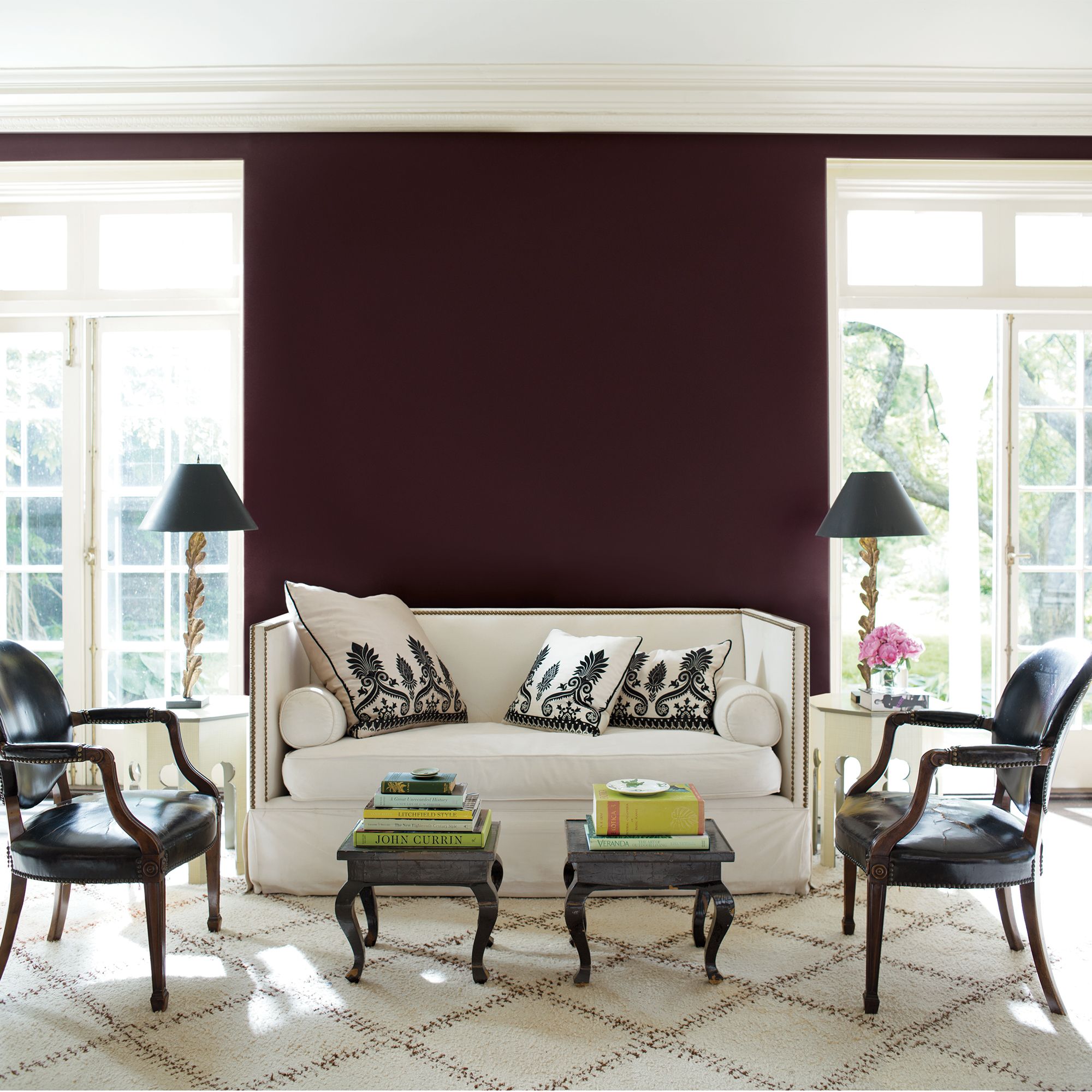 Burgundy Living Room with White Sofa