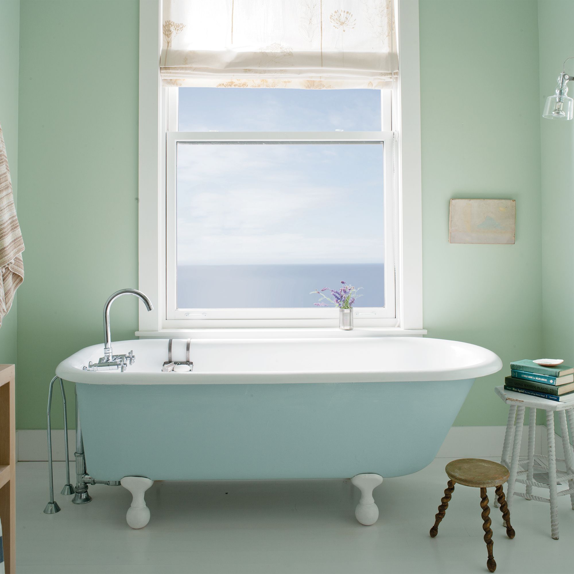 Green Bathroom with Pale Blue Bathtub