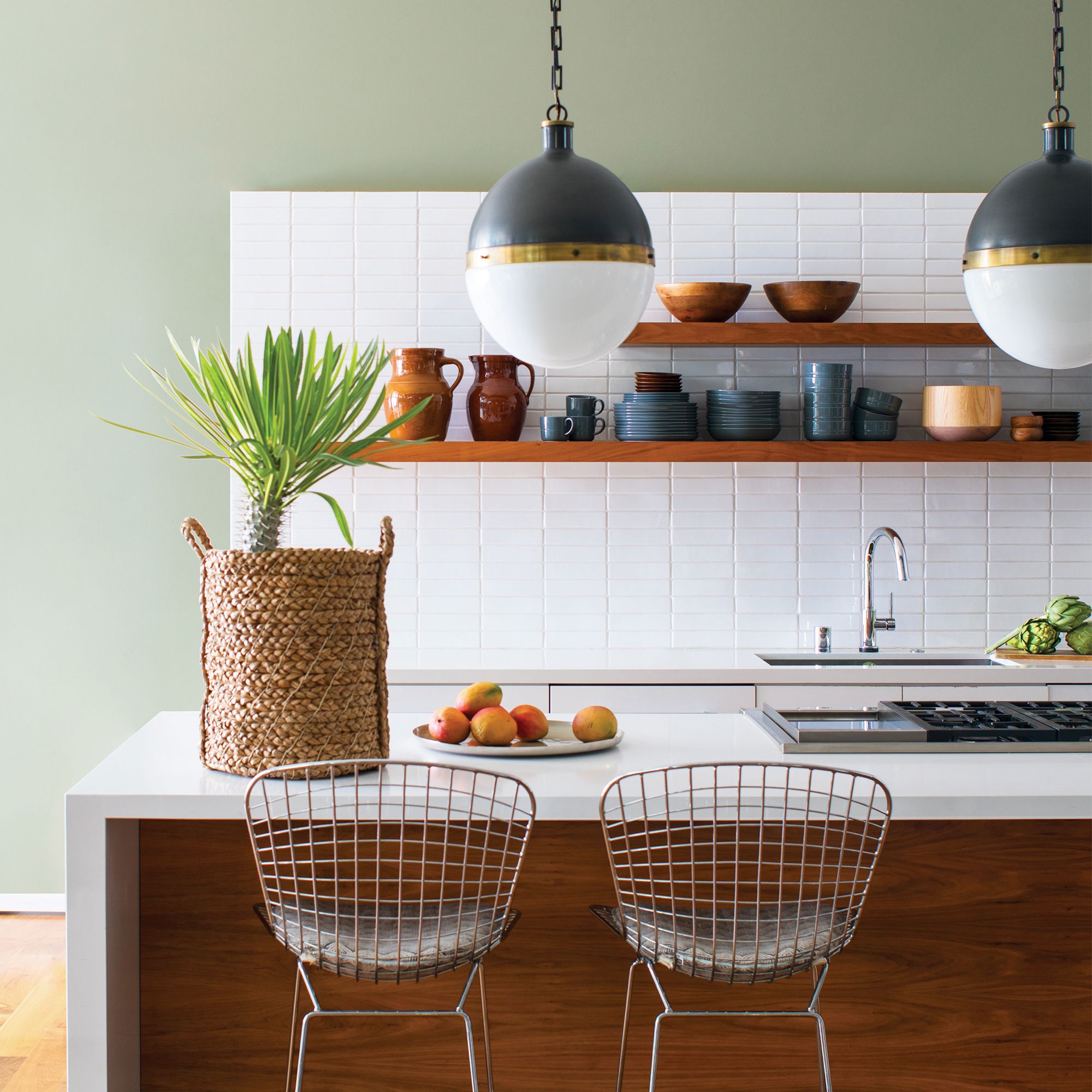 Green Kitchen with Hanging Lights