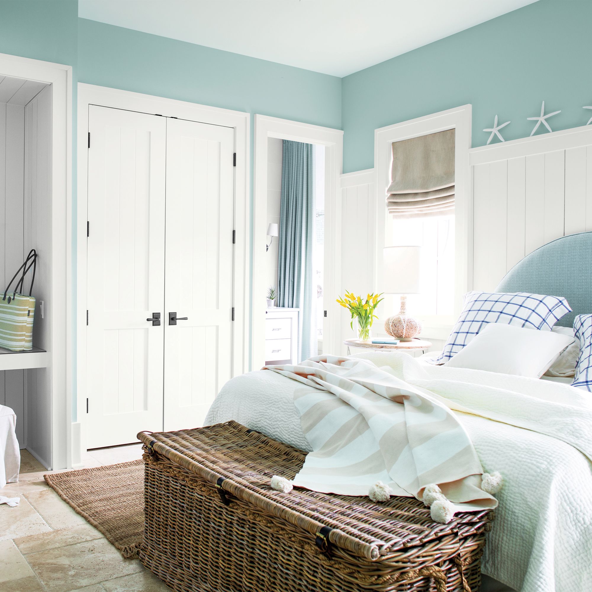 Light Blue Bedroom with Wicker Basket