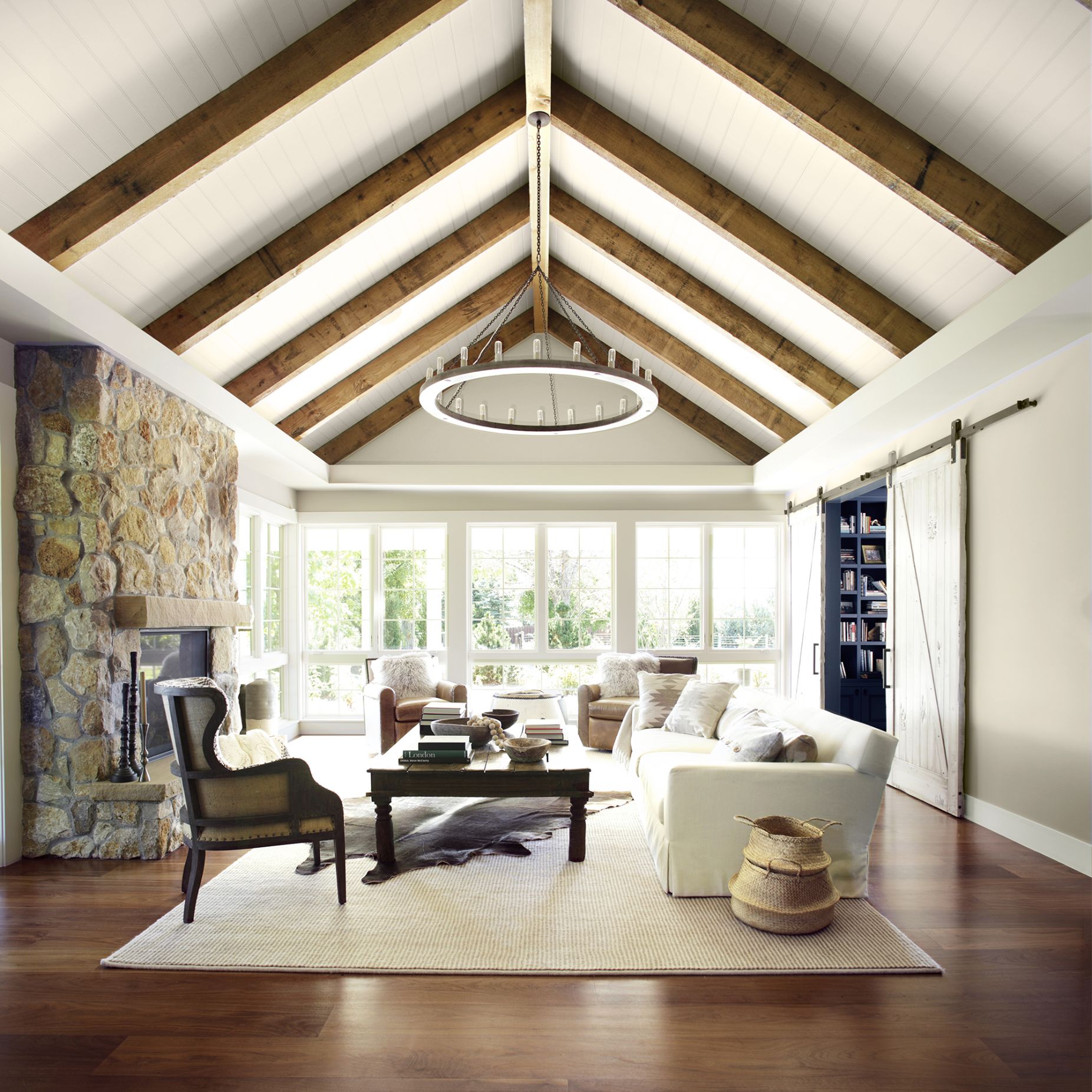 Living Room with Vaulted Ceiling and Wood Beams