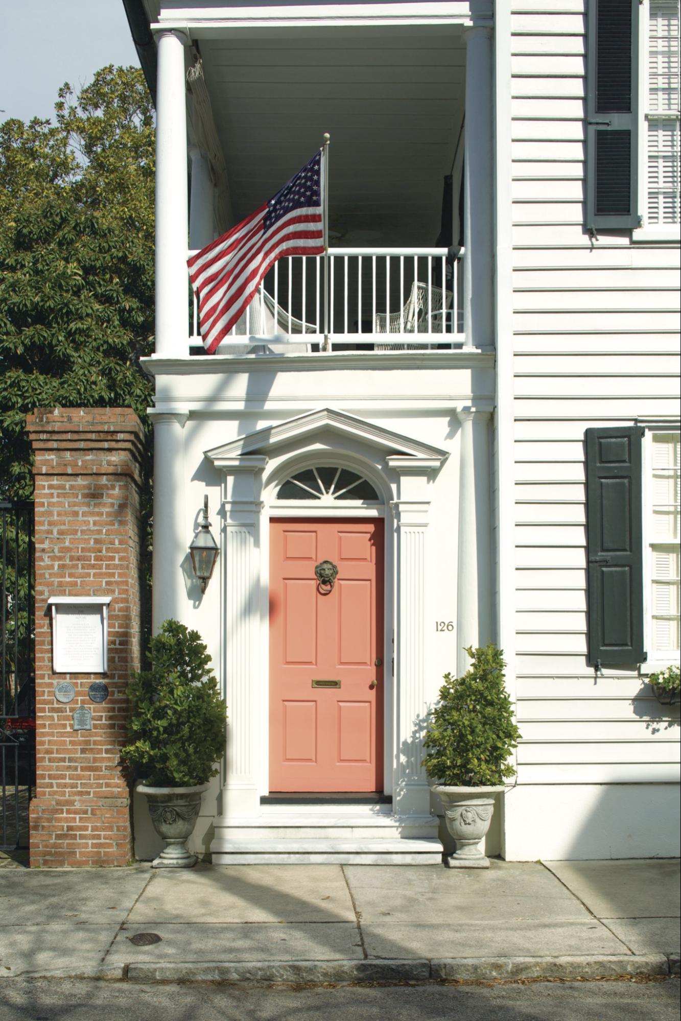 Exterior in BM Chantilly Lace with Coral Spice front door