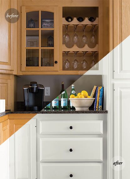 Wood kitchen cabinets painted in Benjamin Moore Cloud Cover