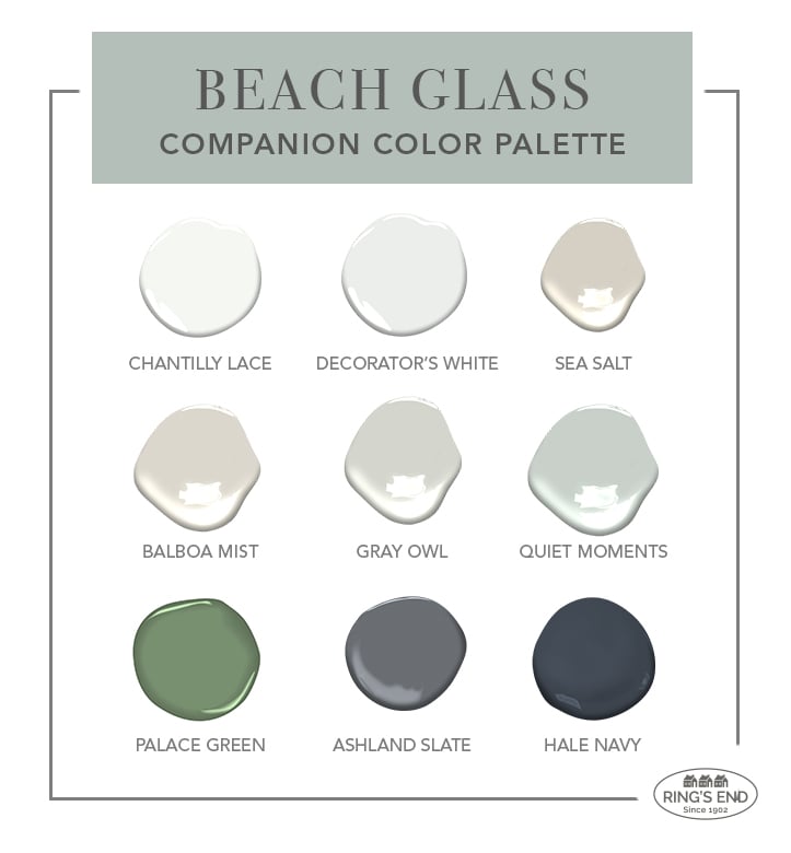 Benjamin Moore Beach Glass color palette with companion and complementary colors