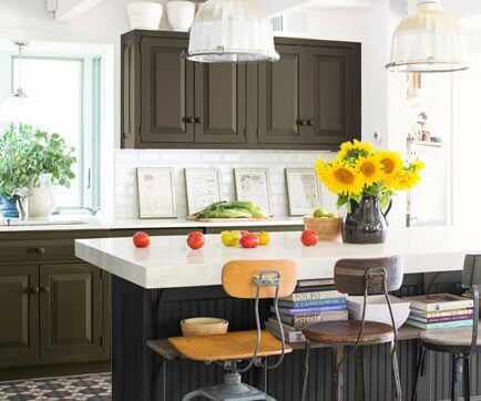 ADVANCE Interior Paint: far cabinets in Southern Vine, Satin finish; island cabinets in Blacktop, Satin finish